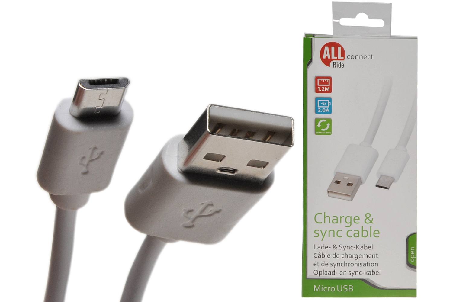Sync- en oplaadkabel, ALLRIDE Connect, 2.0A, USB A tot micro, wit, 120cm, PVC 2