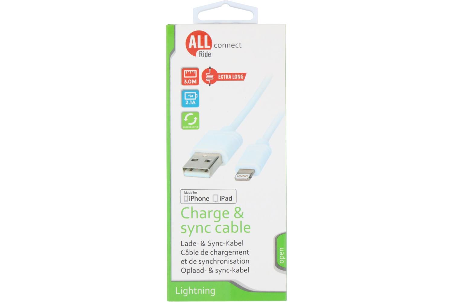 Sync- en oplaadkabel, ALLRIDE Connect, 2.1A, USB A to Lightning, PVC, wit, 3m 2