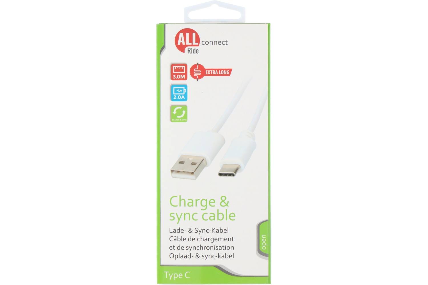 Sync- en oplaadkabel, ALLRIDE Connect, 2.0A, USB A tot C, wit, 3M, PVC 2