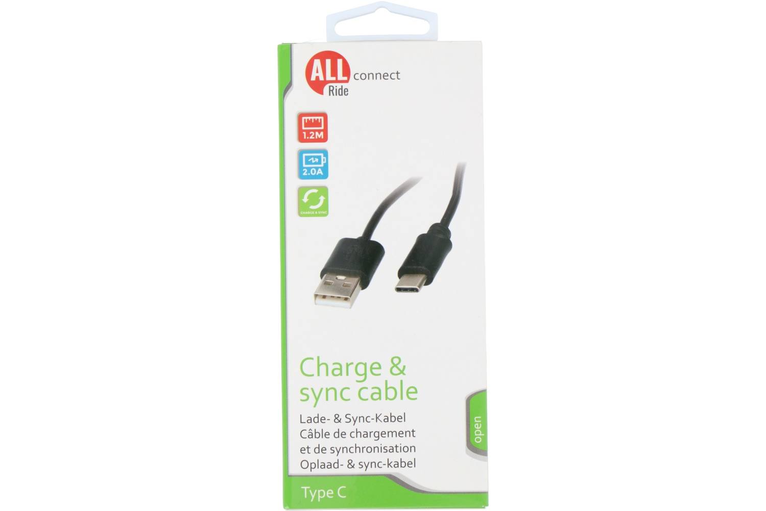 Sync- en oplaadkabel, ALLRIDE Connect, 2.0A, USB A tot C, PVC, zwart, 120cm 2