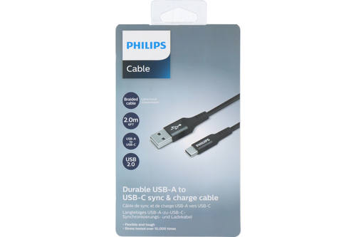 Sync- en oplaadkabel, Philips, USB A tot C, zwart, 200cm 1