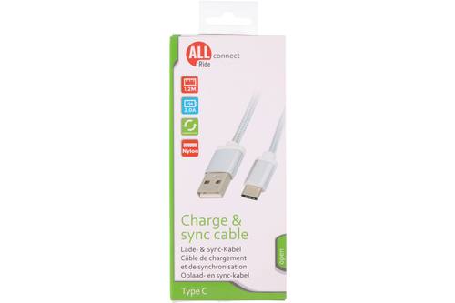 Sync- en oplaadkabel, ALLRIDE Connect, 2.0A, USB C, nylon, wit, 120cm 1