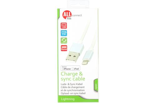 Sync- en oplaadkabel, ALLRIDE Connect, 2.1A, USB A tot lightning, wit, 120cm, nylon 1